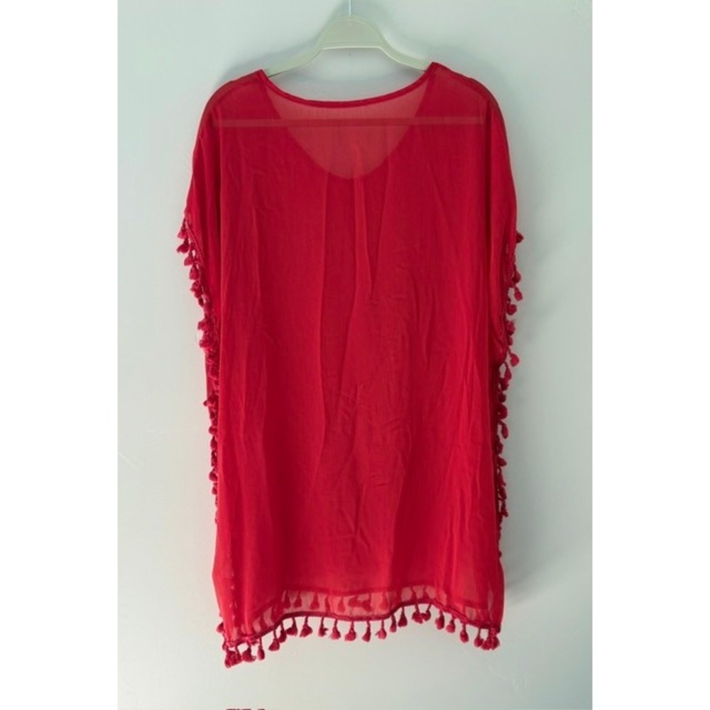 Red Tassel Trim Sheer Kaftan Beach Swimwear Cover Up Oversized Boho Tunics